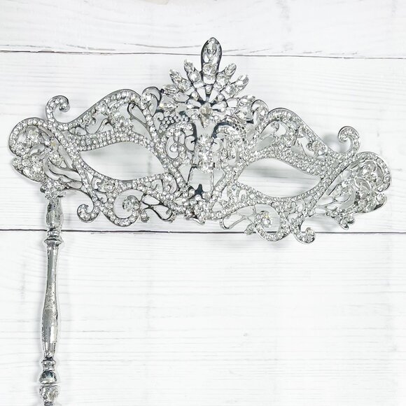 Handmade Jewelry - Clear Crystal Masquerade Mask with Stick, Silver Masquerade Mask, Wedding Party